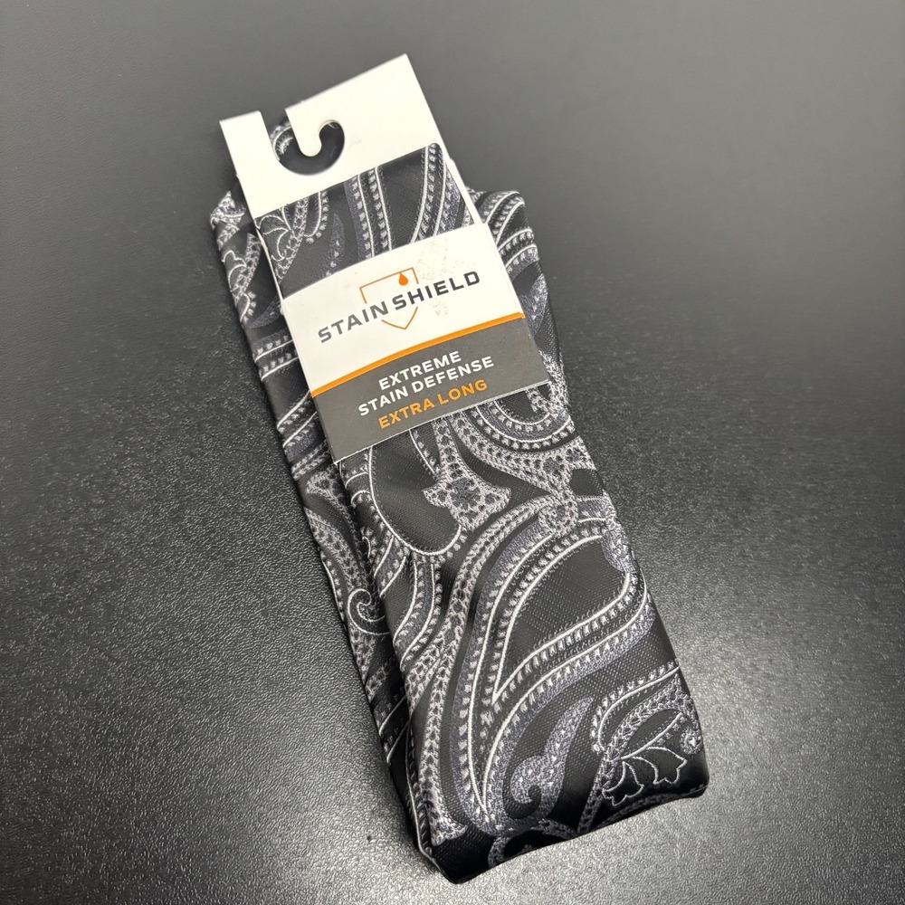 New Van Heusen Men's Tie Black Paisley Stain Shield Extra Long NWT Dressy Preppy